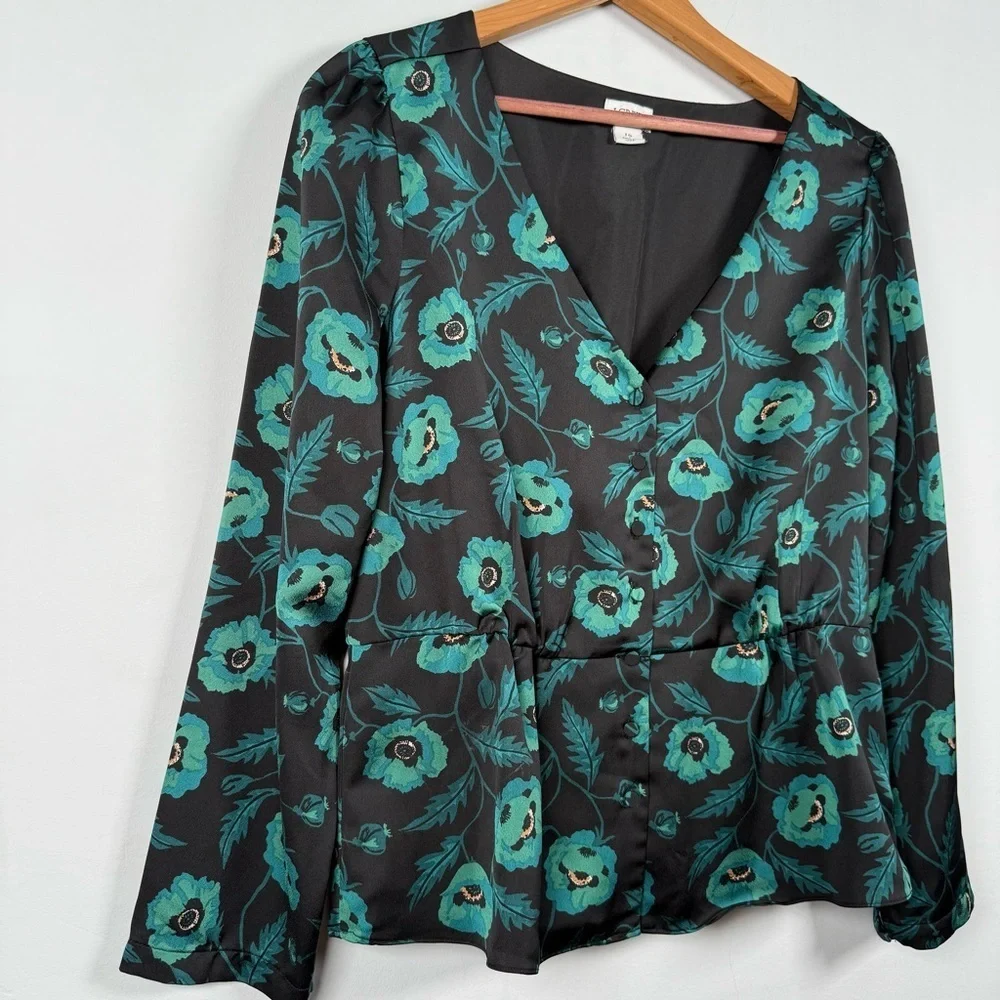 J. Crew Satin Crepe Poppy Print Peplum Blouse V Neck Size 10